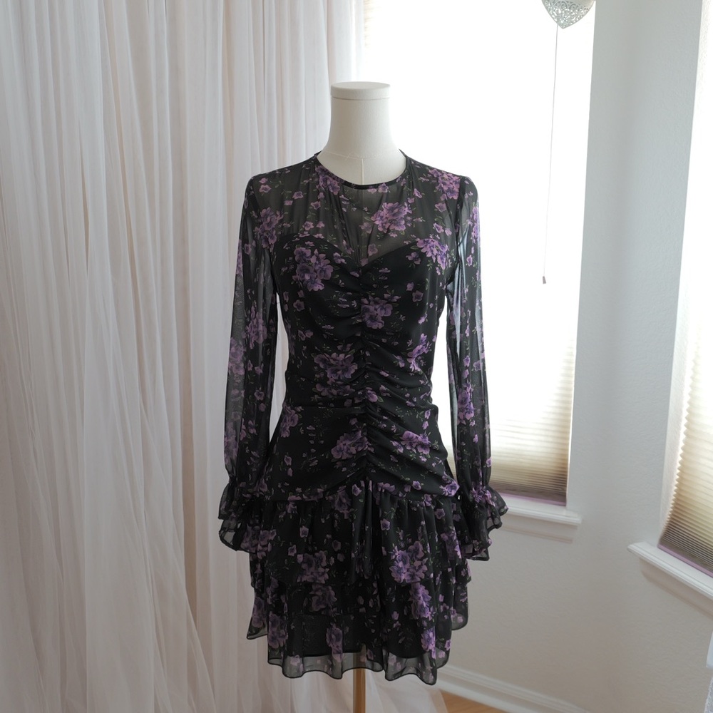 Zara Floral Ruffle Mini Dress – Black & Purple